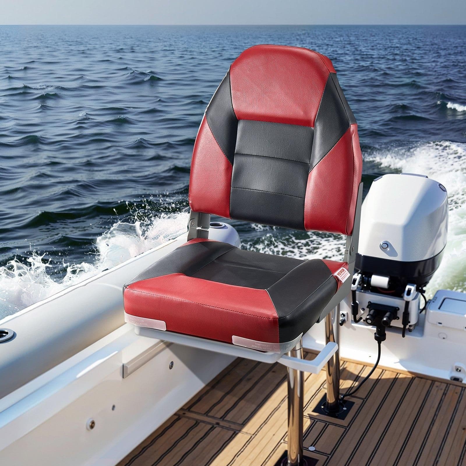 image-VEVOR Boat Seat, High Backrest, Folding Fishing Boat Seat with Thickened Sponge Cushion & Waterproof PVC Leather, Aluminum Alloy Hinges, Flip Up Boat Seat for Boats, Yachts, Ships, Black & Red