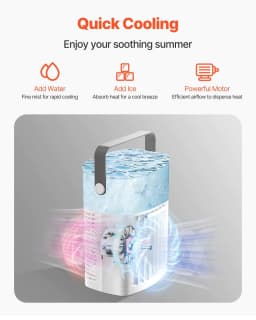 image-VEVOR Portable Air Conditioner, 4-in-1 Evaporative Air Cooler with Remote Control, 3-Speed Mini Air Conditioner with Timer, 3 Mist Levels, 1L Water Tank, 120° Oscillating Mini AC Fan for Desktop Home