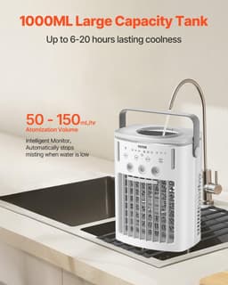 image-VEVOR Portable Air Conditioner, 4-in-1 Evaporative Air Cooler with Remote Control, 3-Speed Mini Air Conditioner with Timer, 3 Mist Levels, 1L Water Tank, 120° Oscillating Mini AC Fan for Desktop Home