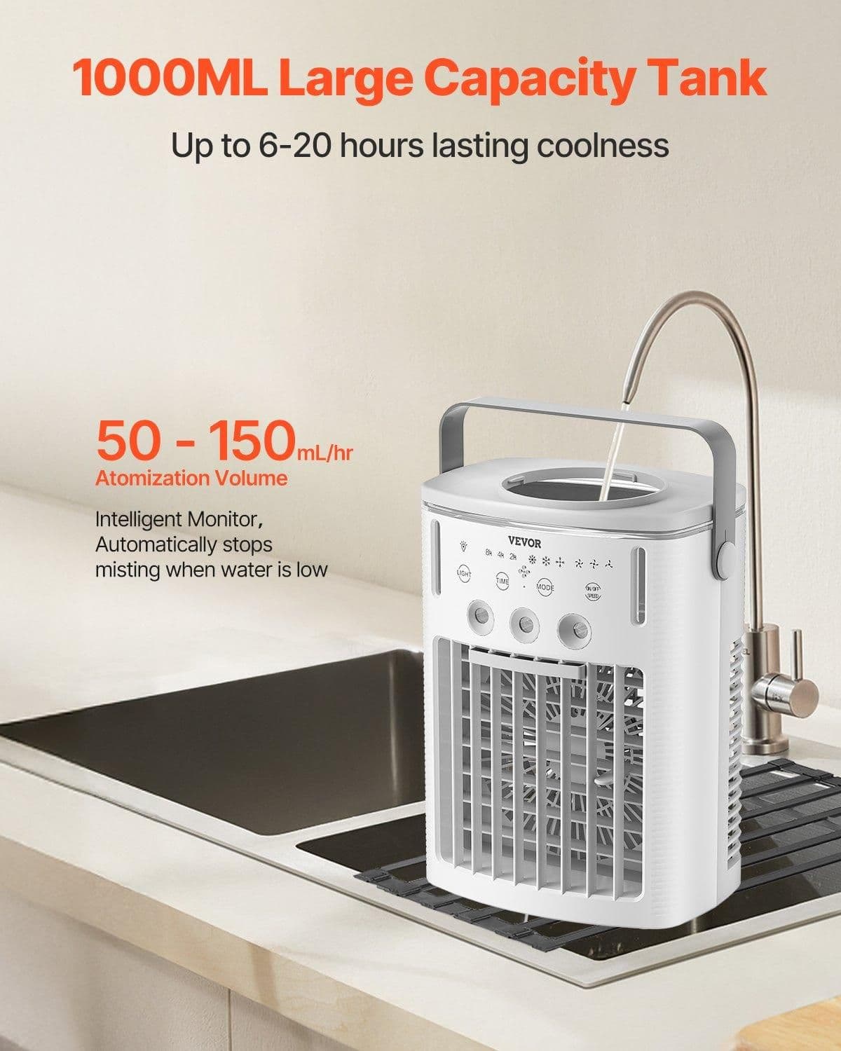 image-VEVOR Portable Air Conditioner, 4-in-1 Evaporative Air Cooler with Remote Control, 3-Speed Mini Air Conditioner with Timer, 3 Mist Levels, 1L Water Tank, 120° Oscillating Mini AC Fan for Desktop Home