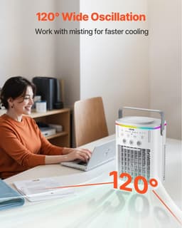 image-VEVOR Portable Air Conditioner, 4-in-1 Evaporative Air Cooler with Remote Control, 3-Speed Mini Air Conditioner with Timer, 3 Mist Levels, 1L Water Tank, 120° Oscillating Mini AC Fan for Desktop Home