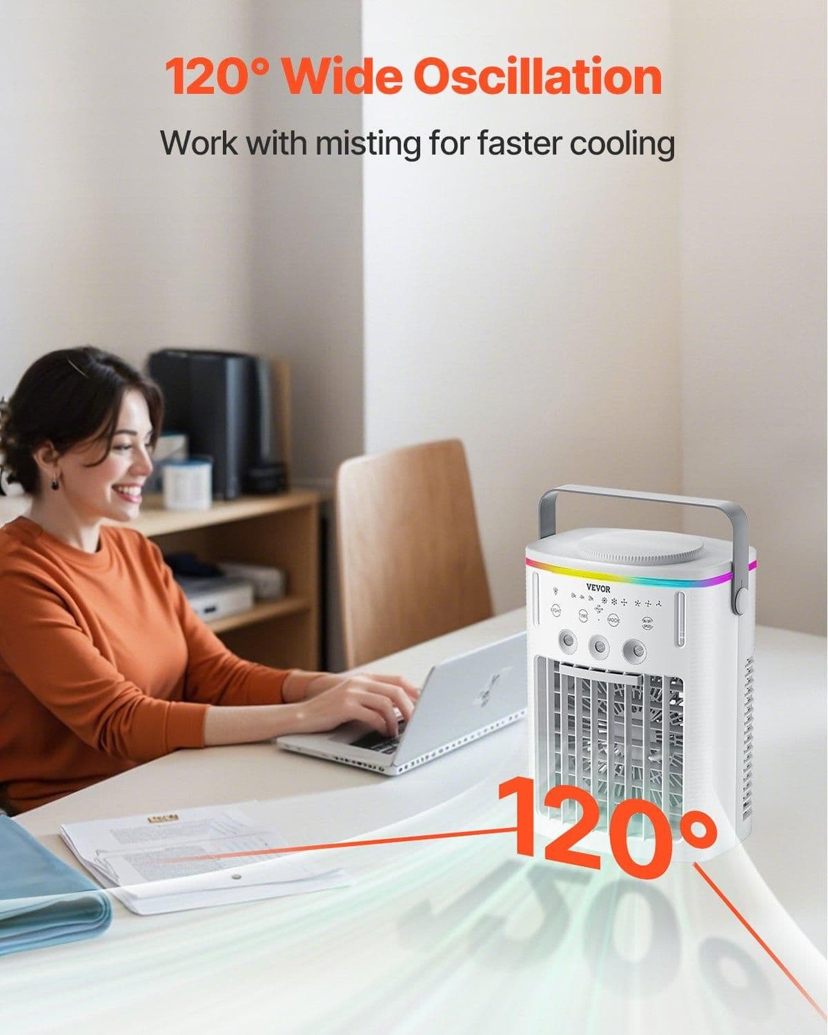 image-VEVOR Portable Air Conditioner, 4-in-1 Evaporative Air Cooler with Remote Control, 3-Speed Mini Air Conditioner with Timer, 3 Mist Levels, 1L Water Tank, 120° Oscillating Mini AC Fan for Desktop Home