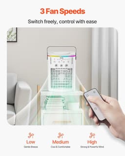image-VEVOR Portable Air Conditioner, 4-in-1 Evaporative Air Cooler with Remote Control, 3-Speed Mini Air Conditioner with Timer, 3 Mist Levels, 1L Water Tank, 120° Oscillating Mini AC Fan for Desktop Home