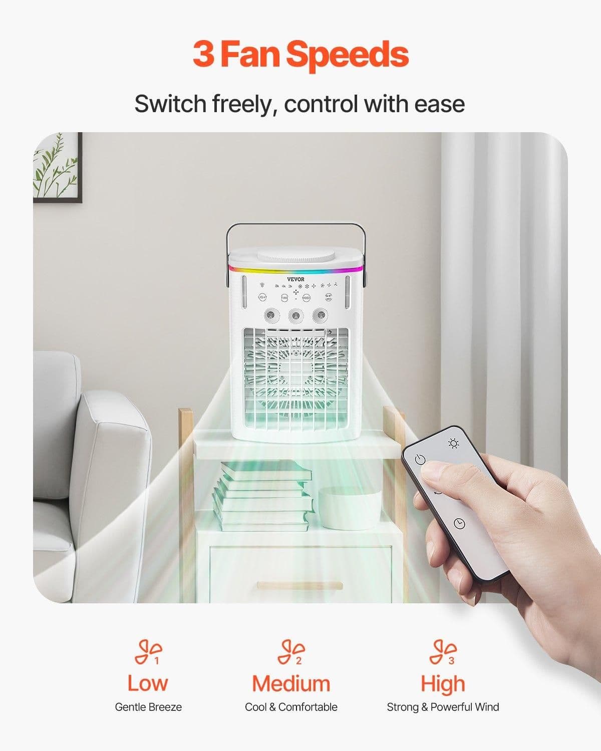 image-VEVOR Portable Air Conditioner, 4-in-1 Evaporative Air Cooler with Remote Control, 3-Speed Mini Air Conditioner with Timer, 3 Mist Levels, 1L Water Tank, 120° Oscillating Mini AC Fan for Desktop Home