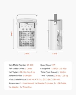 image-VEVOR Portable Air Conditioner, 4-in-1 Evaporative Air Cooler with Remote Control, 3-Speed Mini Air Conditioner with Timer, 3 Mist Levels, 1L Water Tank, 120° Oscillating Mini AC Fan for Desktop Home