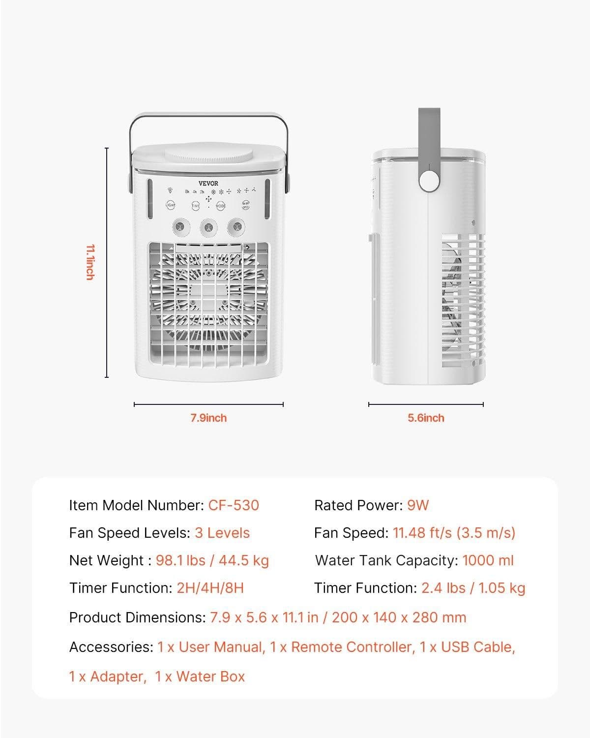 image-VEVOR Portable Air Conditioner, 4-in-1 Evaporative Air Cooler with Remote Control, 3-Speed Mini Air Conditioner with Timer, 3 Mist Levels, 1L Water Tank, 120° Oscillating Mini AC Fan for Desktop Home