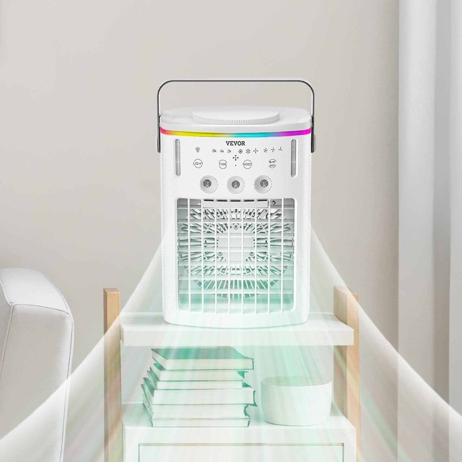 image-VEVOR Portable Air Conditioner, 4-in-1 Evaporative Air Cooler with Remote Control, 3-Speed Mini Air Conditioner with Timer, 3 Mist Levels, 1L Water Tank, 120° Oscillating Mini AC Fan for Desktop Home