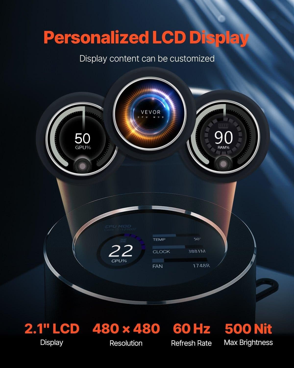 image-VEVOR CPU Liquid Cooler, AIO CPU Water Cooler - 3 x 120mm PWN Fans, Pump & 2.1'' LCD Display, Max 2200PRM Black CPU Cooling Fan, Compatible for Intel 115X/1366/2011/1700/1200, AMD AM4/AM5