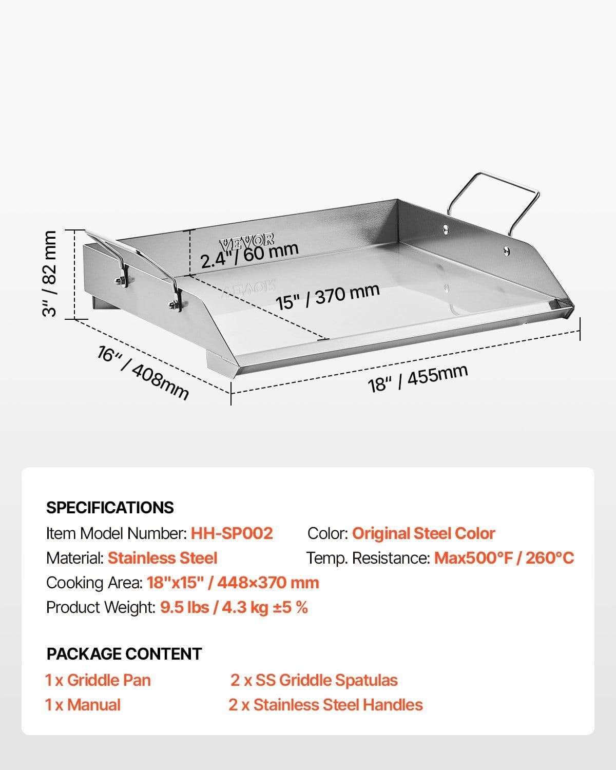 image-VEVOR Stainless Steel Griddle, 18x16 inch Universal Flat Top Rectangular Plate, Gas Grill Griddle for BBQ Grill, Teppanyaki, Portable Family Cookware with Handle, for Camping Tailgating Party