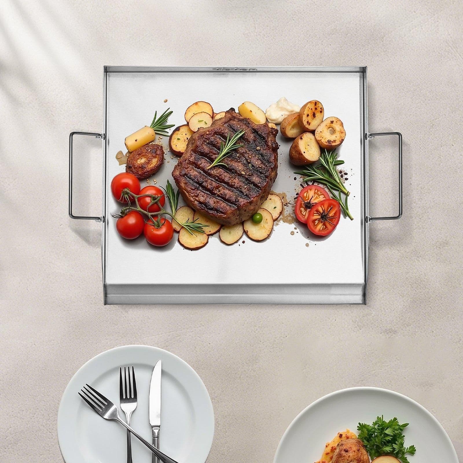 image-VEVOR Stainless Steel Griddle, 18x16 inch Universal Flat Top Rectangular Plate, Gas Grill Griddle for BBQ Grill, Teppanyaki, Portable Family Cookware with Handle, for Camping Tailgating Party