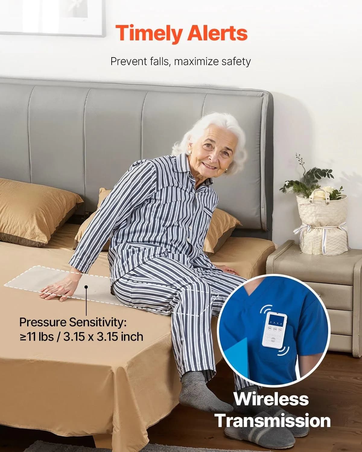 image-VEVOR Early Alert Bed Alarm System, Wireless Bed Sensor Pad with Call Button & Pager, Pre-Alert Safety Bed Alarms and Fall Prevention for Elderly, Dementia Patients, and Adults (10 x 35-inch)