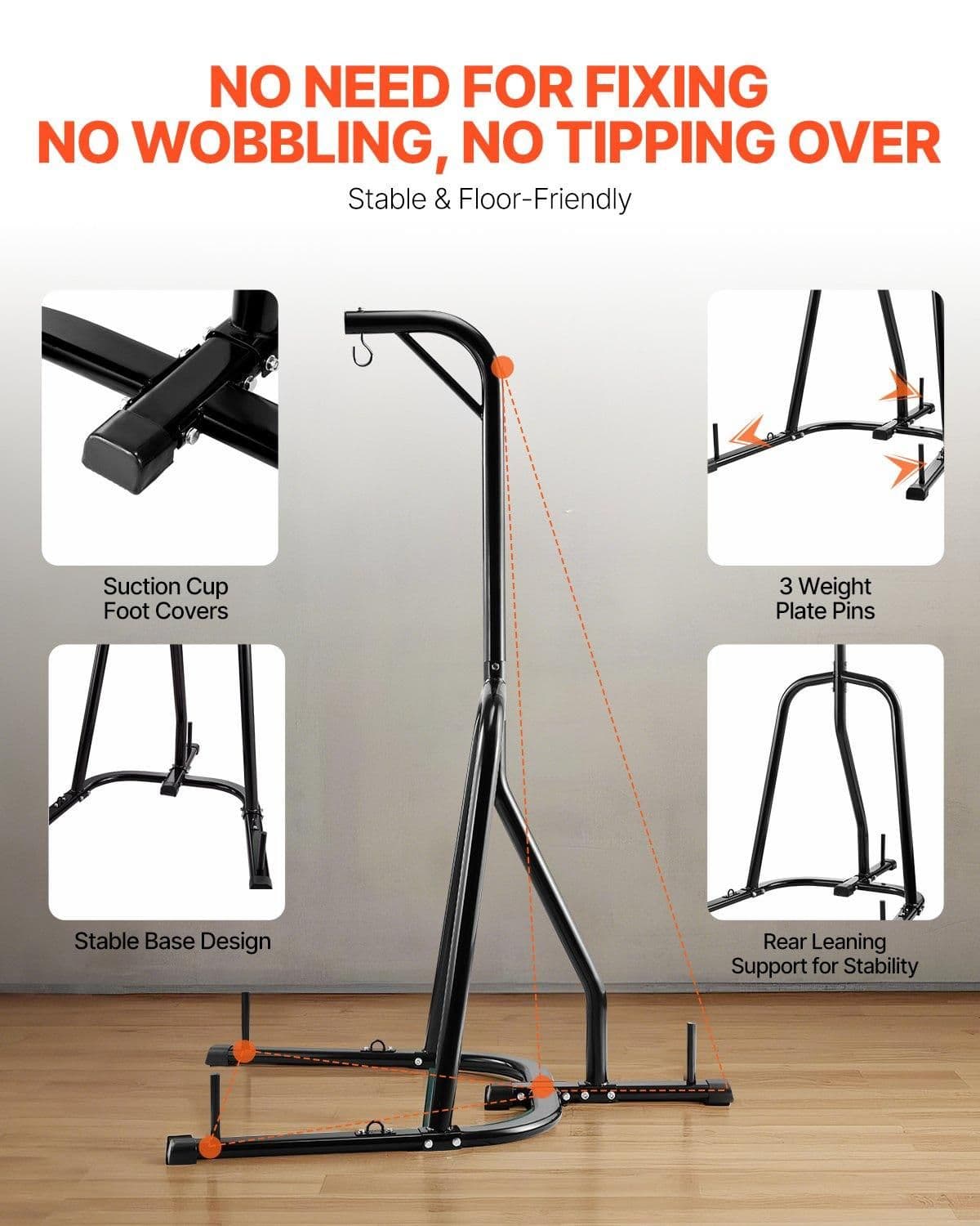 image-VEVOR Punching Bag Stand, Steel Heavy Duty Workout Equipment, Boxing Punching Bag Stand, Holds Up to 140 lbs, Freestanding Sandbag Rack with Weighted Base, Training Equipment for Home Gym Fitness