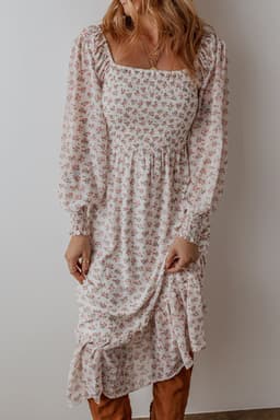 image-Floral Print Shirred Ruffled Hem Midi Dress - White