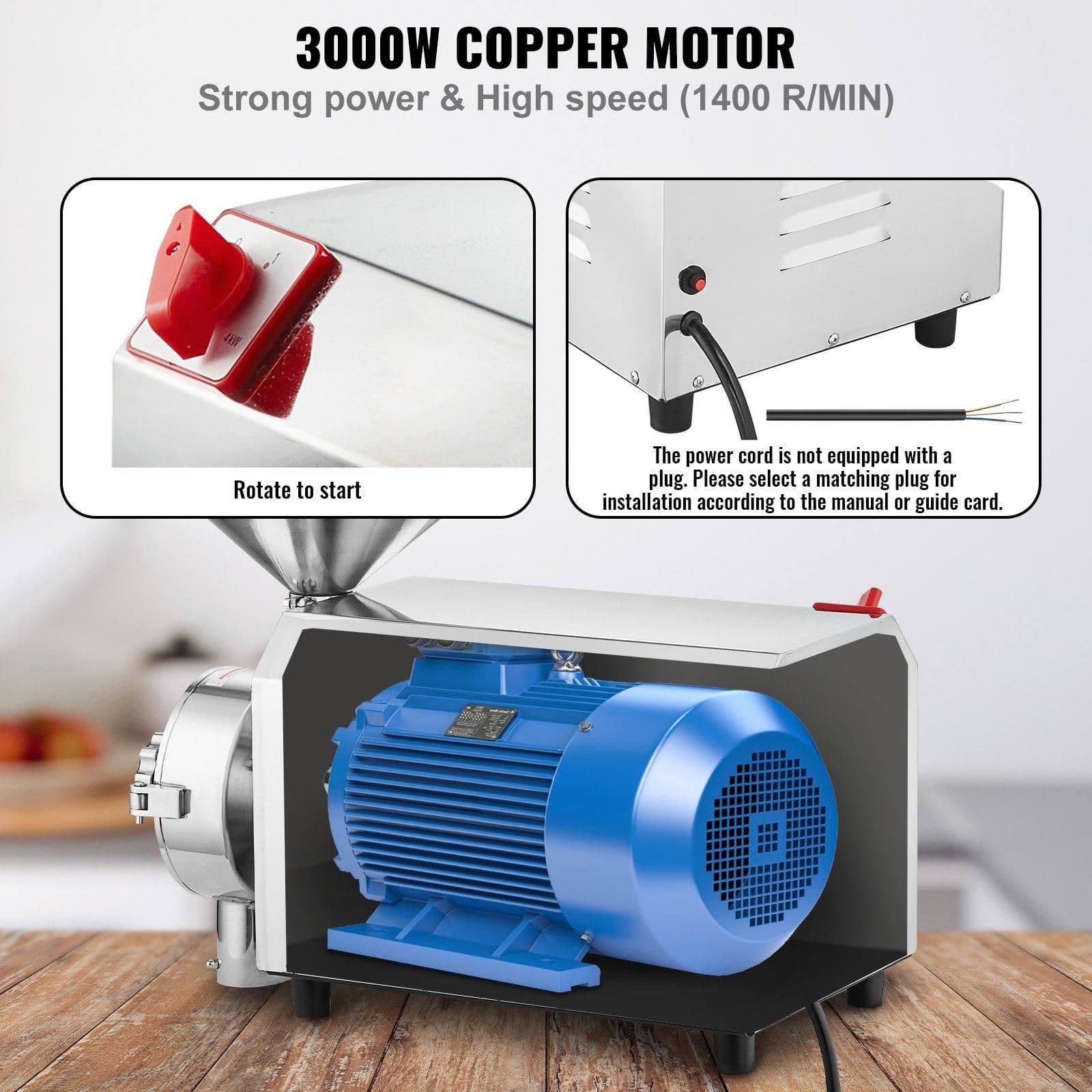 image-VEVOR Soybean Grinder Commercial Grinding Machine for Spices 3000W Corn Mill Grinder 100 KG/H Stainless Steel Corn Grinder Industrial Flour Milling Machine for Pepper Soybean Peanut Corn Grains