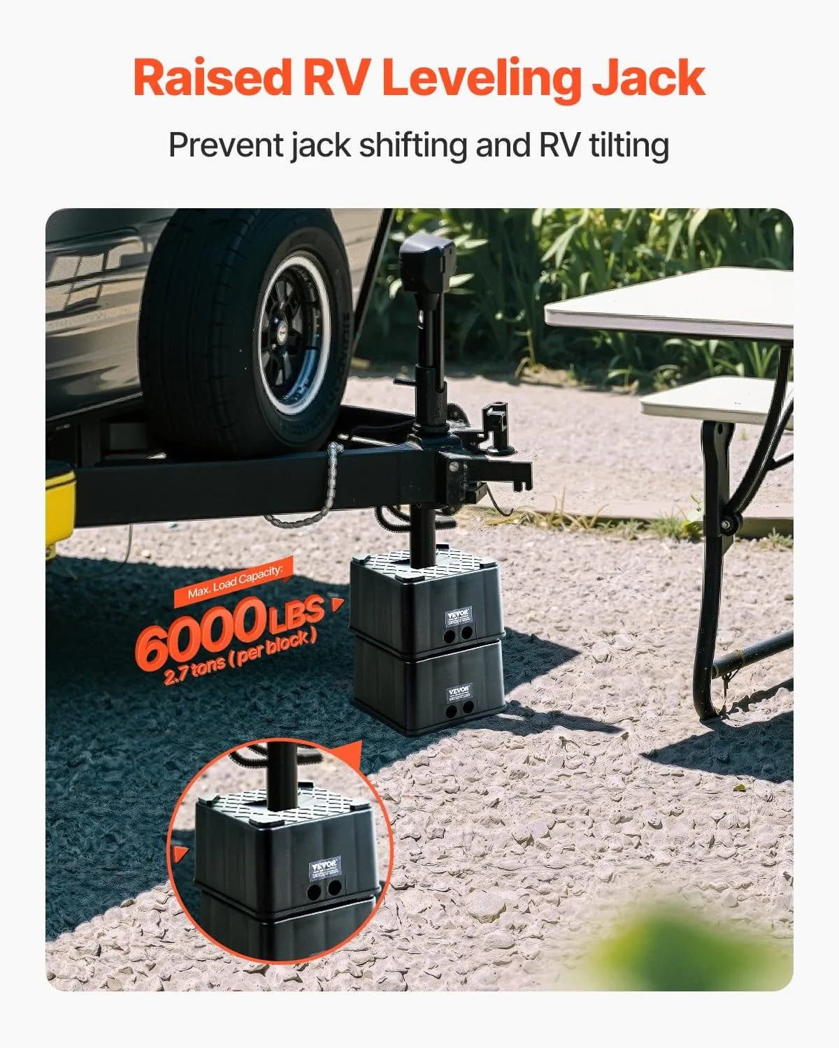 image-VEVOR Trailer Jack Blocks, 6" High Heavy Duty RV Leveling Blocks, Each with 6000 lbs Capacity, as RV Jack Stand, Stool, Camper Accessories, for Travel Trailers, 5th Wheels Class A/C Motorhomes, 2 Pcs