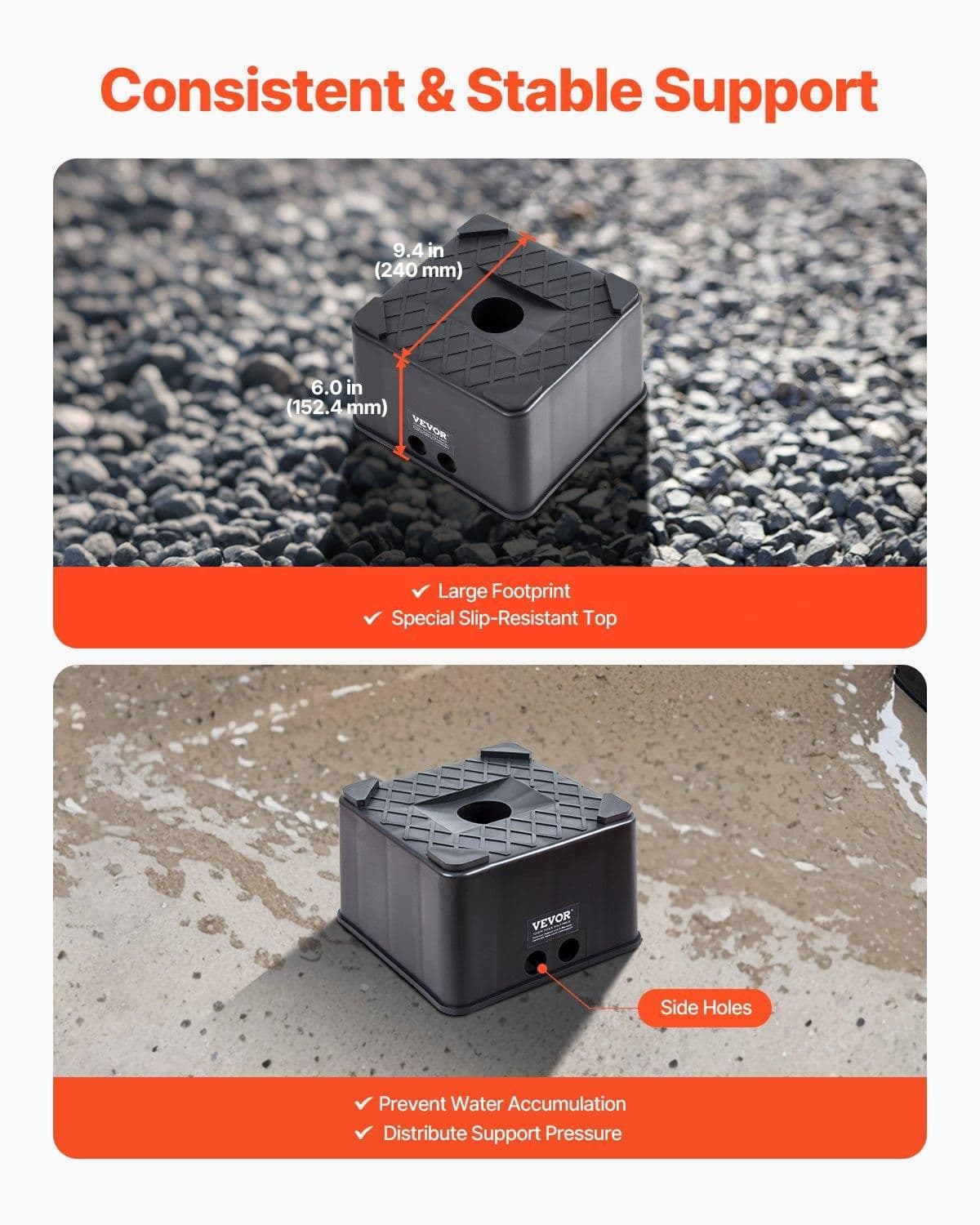 image-VEVOR Trailer Jack Blocks, 6" High Heavy Duty RV Leveling Blocks, Each with 6000 lbs Capacity, as RV Jack Stand, Stool, Camper Accessories, for Travel Trailers, 5th Wheels Class A/C Motorhomes, 2 Pcs
