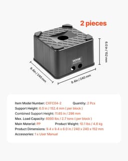 image-VEVOR Trailer Jack Blocks, 6" High Heavy Duty RV Leveling Blocks, Each with 6000 lbs Capacity, as RV Jack Stand, Stool, Camper Accessories, for Travel Trailers, 5th Wheels Class A/C Motorhomes, 2 Pcs