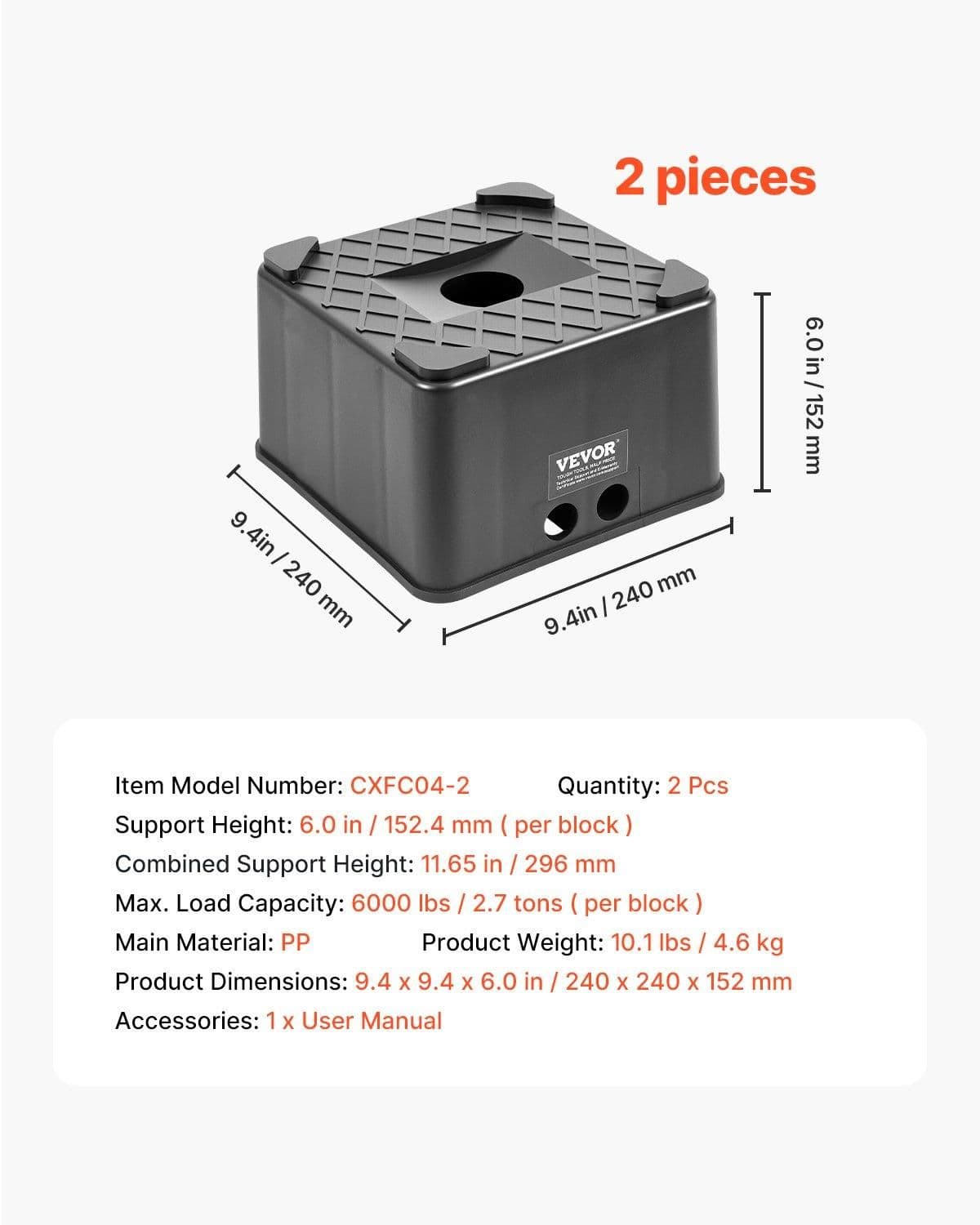 image-VEVOR Trailer Jack Blocks, 6" High Heavy Duty RV Leveling Blocks, Each with 6000 lbs Capacity, as RV Jack Stand, Stool, Camper Accessories, for Travel Trailers, 5th Wheels Class A/C Motorhomes, 2 Pcs