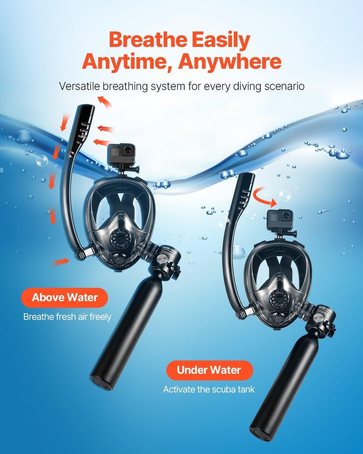 image-VEVOR Scuba Tank, 0.5L Portable Diving Tank, Diving Oxygen Cylinder Support 5-10 Minutes Underwater Breathing, 32.81 ft Diving Depth, Refillable Snorkel Air Tank with Pump for Underwater Exploration