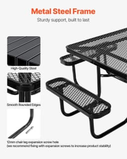 image-VEVOR Picnic Table, Outdoor Weather Resistant Patio Dining Furniture Set, Heavy Duty Coated Steel Tables with Umbrella Hole, 45.7 in Square Table and Bench Set, for Garden, Backyard, Porch, Black