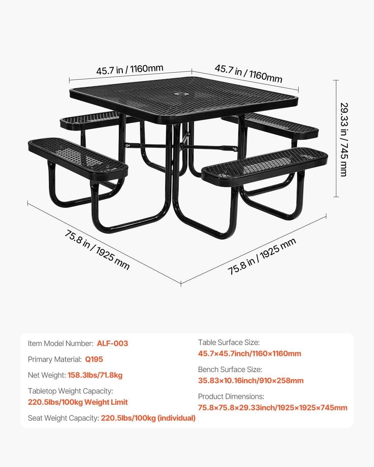 image-VEVOR Picnic Table, Outdoor Weather Resistant Patio Dining Furniture Set, Heavy Duty Coated Steel Tables with Umbrella Hole, 45.7 in Square Table and Bench Set, for Garden, Backyard, Porch, Black