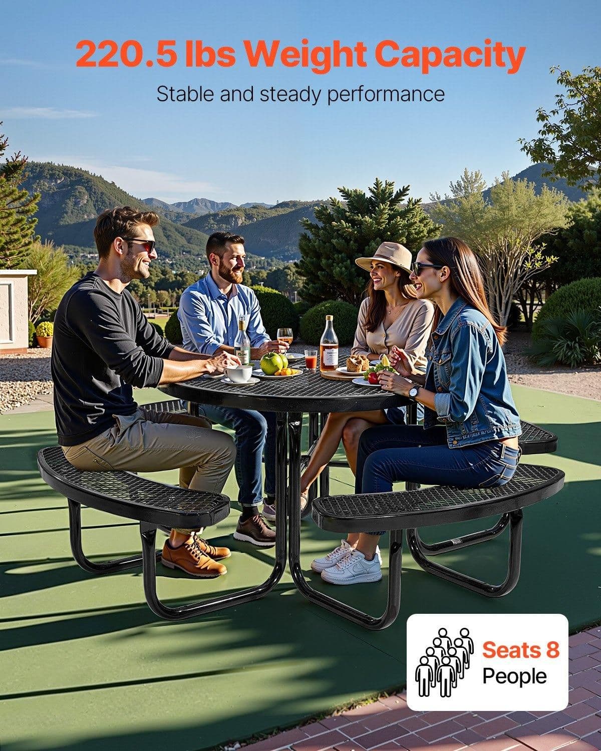 image-VEVOR Heavy-Duty Picnic Table, Outdoor Furniture Weather Resistant Patio Dining Set, Coated Steel Tables with Umbrella Hole, 46" Round Table and Bench Set, for Garden, Backyard, Porch (Black)