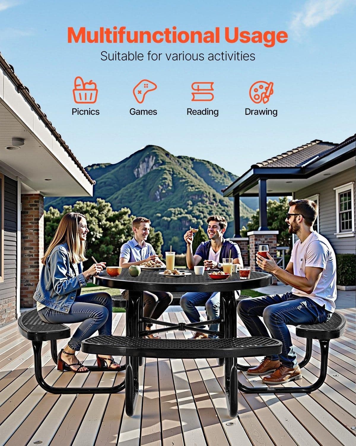 image-VEVOR Heavy-Duty Picnic Table, Outdoor Furniture Weather Resistant Patio Dining Set, Coated Steel Tables with Umbrella Hole, 46" Round Table and Bench Set, for Garden, Backyard, Porch (Black)