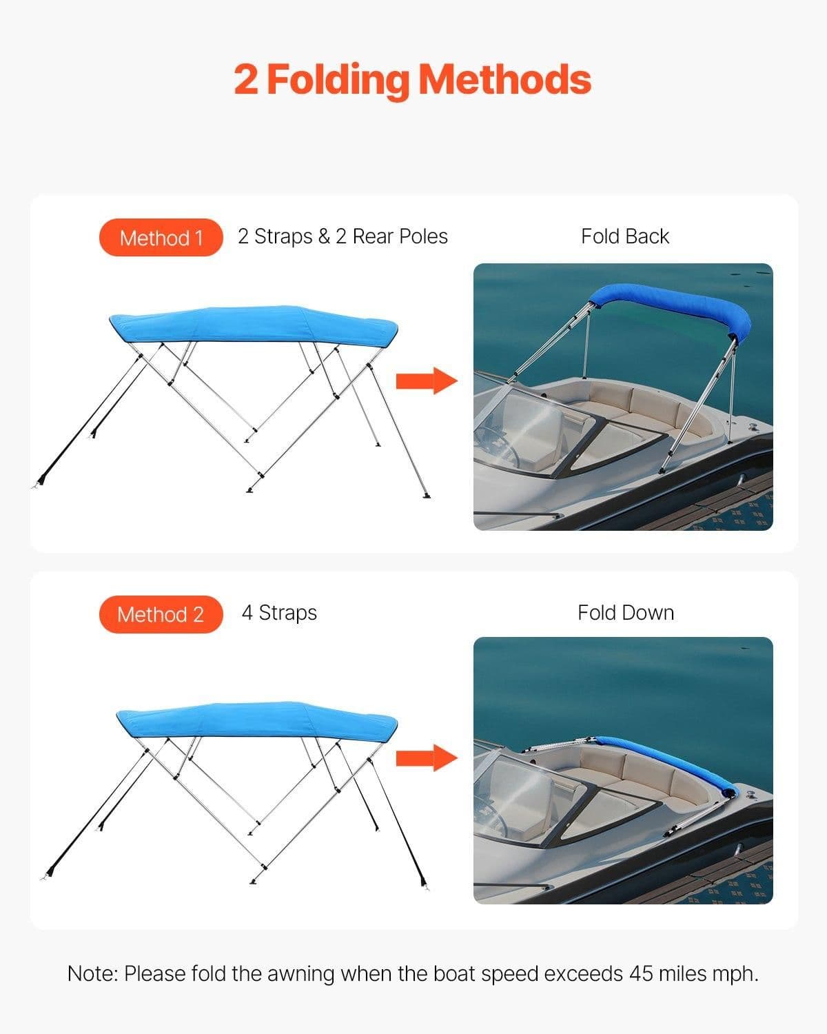 image-VEVOR 4 Bow Boat Bimini Tops, 600D Polyester Canopy with Aluminum Alloy Frame, Waterproof & Sun Shade Boat Awning Canopy with Storage Bag, 2 Support Poles, 4 Straps, 96"Lx(85"-90")Wx54"H, Pacific Blue