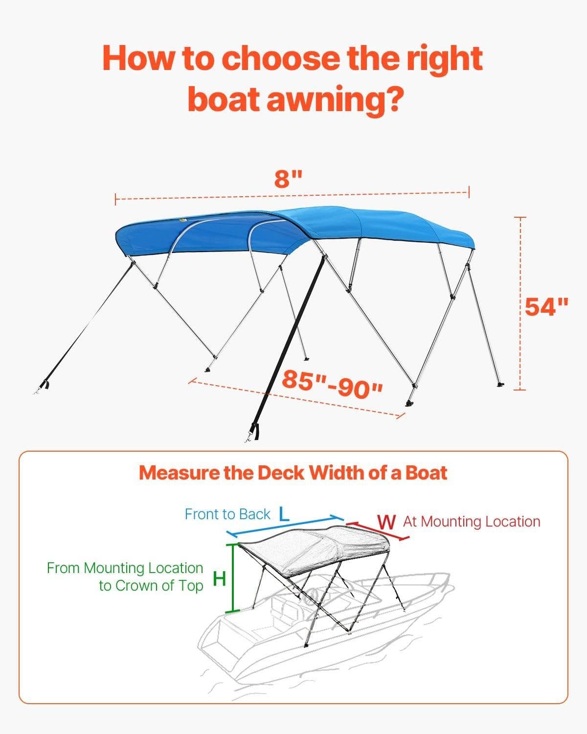 image-VEVOR 4 Bow Boat Bimini Tops, 600D Polyester Canopy with Aluminum Alloy Frame, Waterproof & Sun Shade Boat Awning Canopy with Storage Bag, 2 Support Poles, 4 Straps, 96"Lx(85"-90")Wx54"H, Pacific Blue