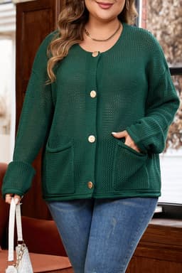image-Blackish Green Plus Size Cardigan Golden Buttons