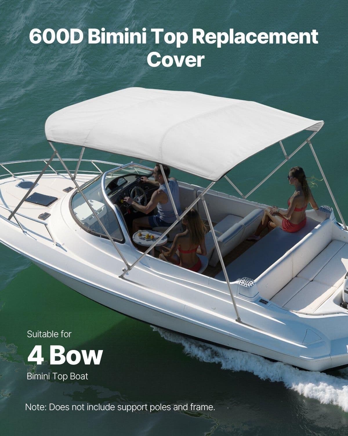 image-VEVOR 4 Bow Boat Bimini Tops, 600D Polyester Canopy, Waterproof & Sun Protection Boat Awning Canopy with Storage Bag, Bimini Top Replacement, 96"Lx(91"-96")W, Light Grey (Support Frame Not Included)