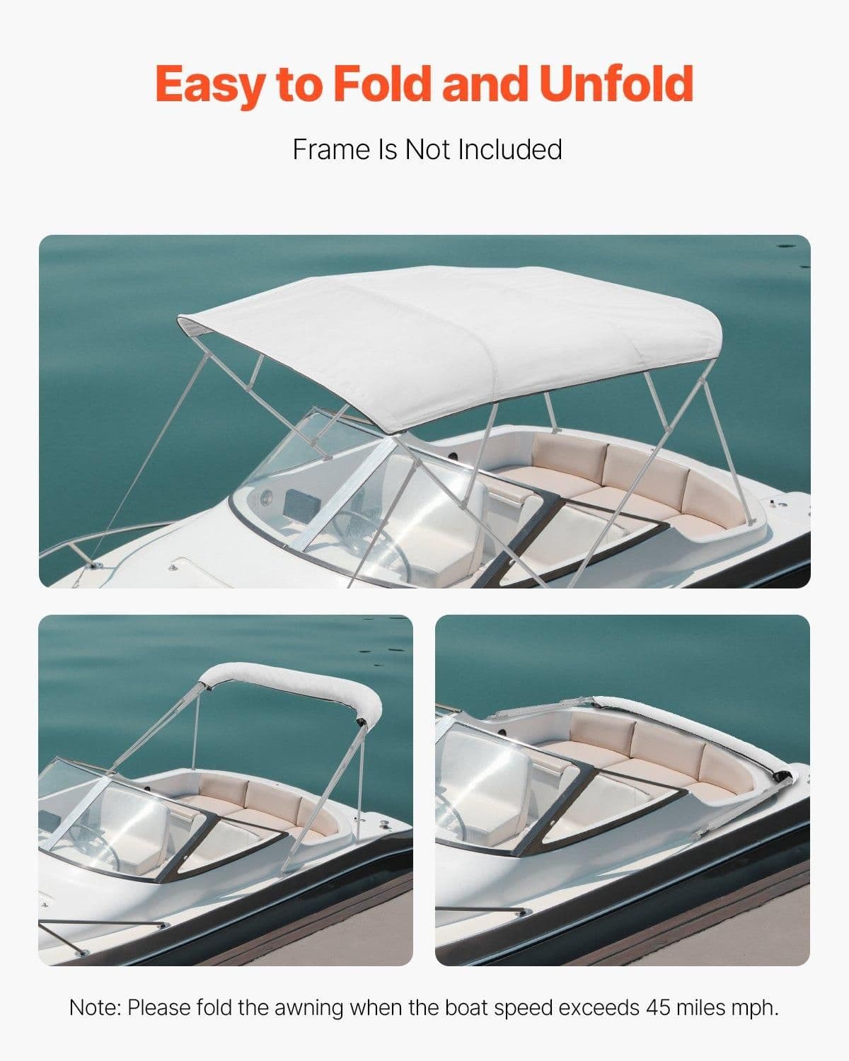 image-VEVOR 4 Bow Boat Bimini Tops, 600D Polyester Canopy, Waterproof & Sun Protection Boat Awning Canopy with Storage Bag, Bimini Top Replacement, 96"Lx(91"-96")W, Light Grey (Support Frame Not Included)