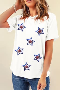 image-Sequin Star Tee - Patriotic Short Sleeve Crew Neck Cotton Blend
