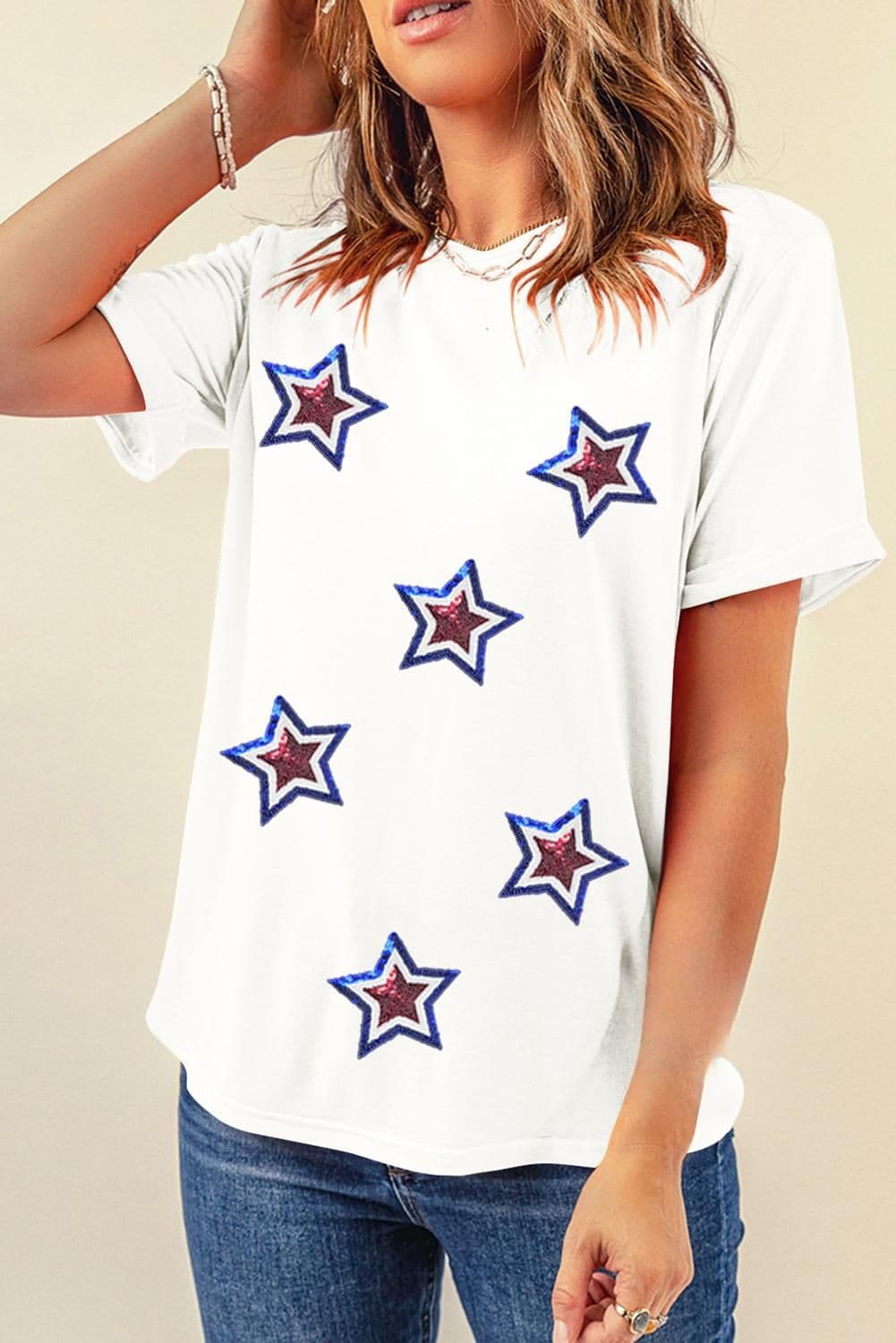 image-Sequin Star Tee - Patriotic Short Sleeve Crew Neck Cotton Blend