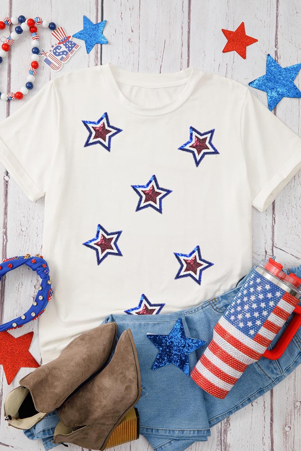 image-Sequin Star Tee - Patriotic Short Sleeve Crew Neck Cotton Blend