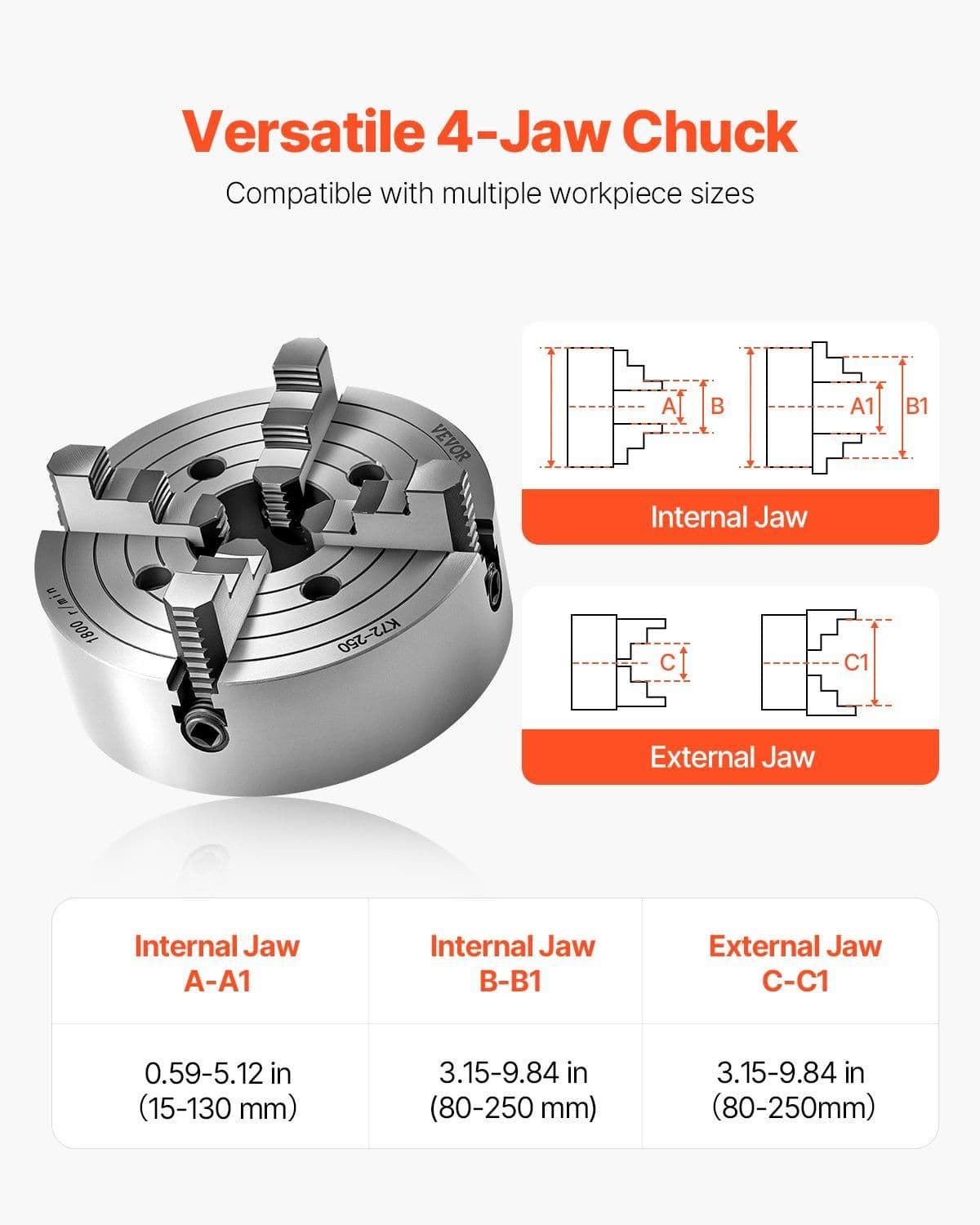 image-VEVOR 4-Jaw Lathe Chuck, 10 in (250 mm), Lathe Chuck, 0.6-9.84 in (15-250 mm) Clamping Range with T-key Fixing Screws Reversible Jaws, HT300 Cast Iron Material, Internal External for Wood Metal Lathe