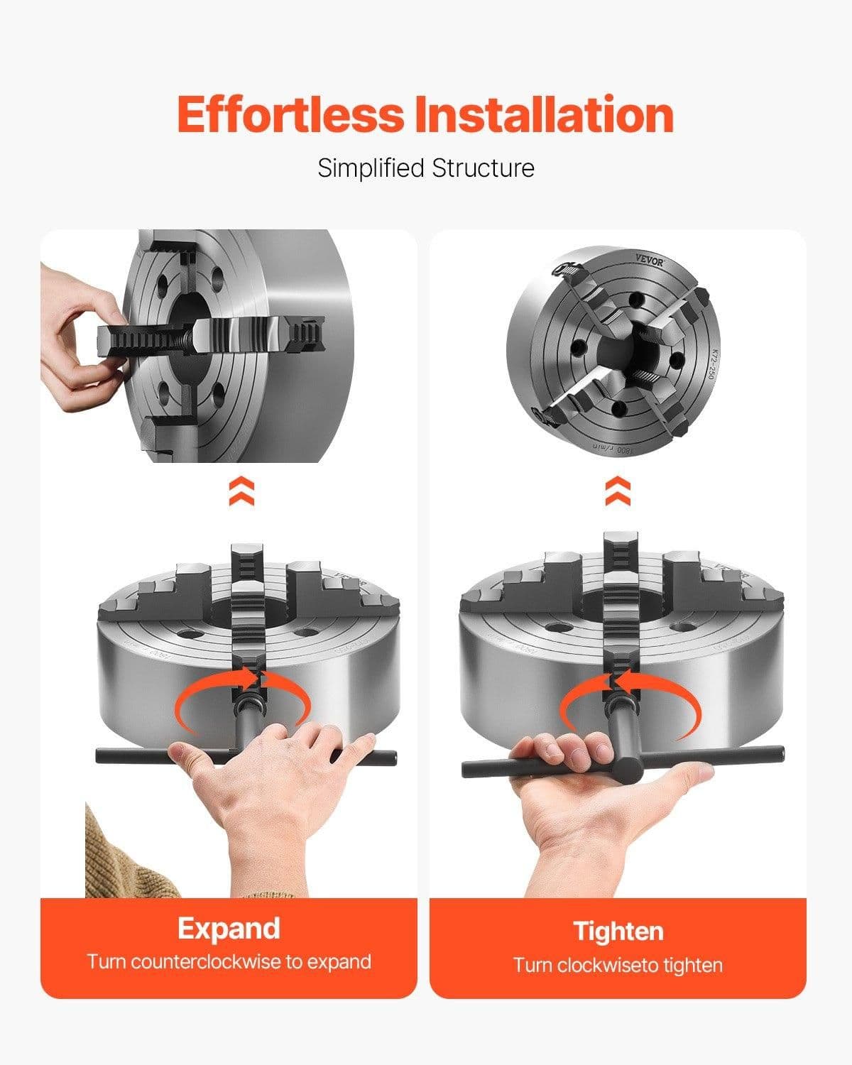 image-VEVOR 4-Jaw Lathe Chuck, 10 in (250 mm), Lathe Chuck, 0.6-9.84 in (15-250 mm) Clamping Range with T-key Fixing Screws Reversible Jaws, HT300 Cast Iron Material, Internal External for Wood Metal Lathe