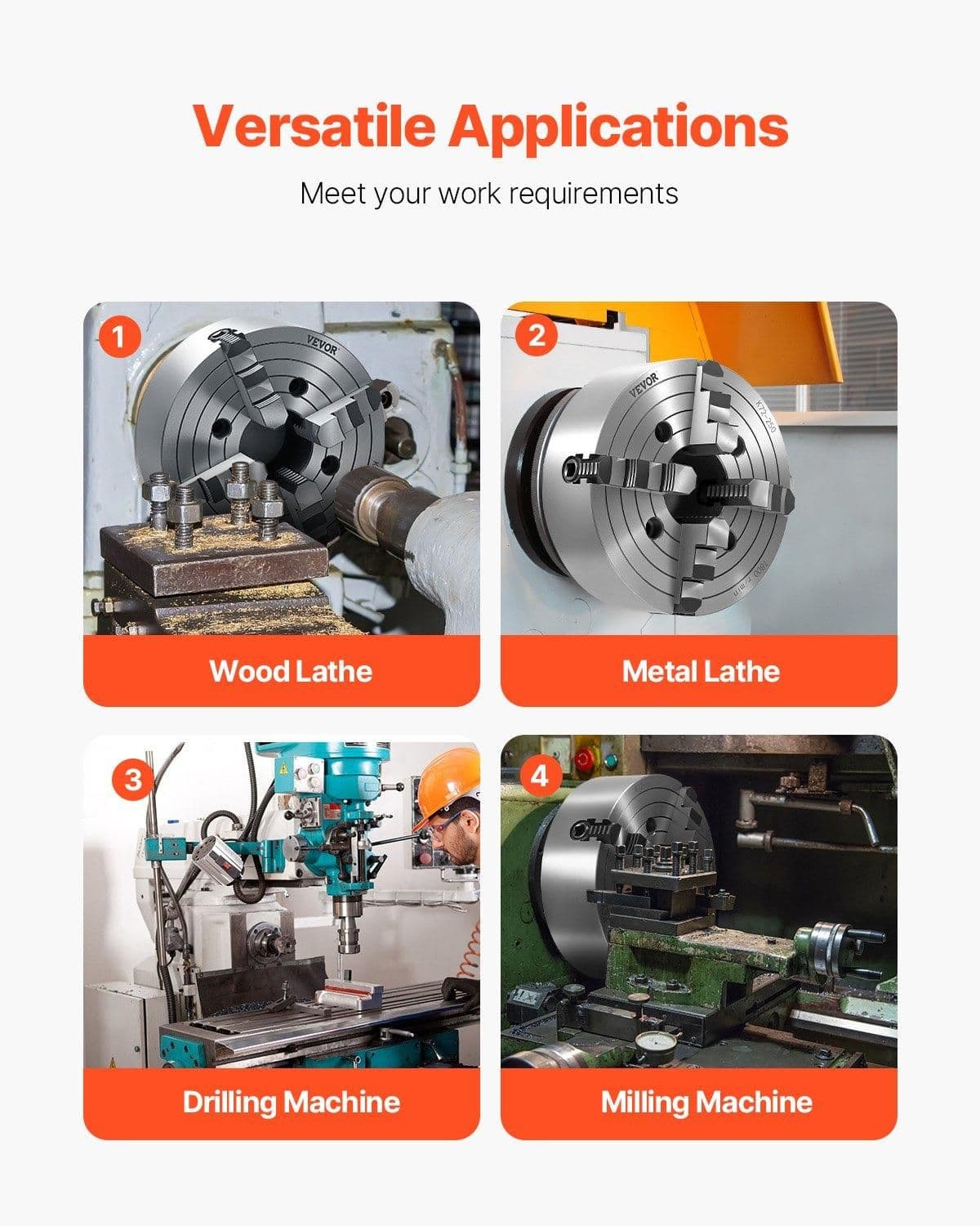 image-VEVOR 4-Jaw Lathe Chuck, 10 in (250 mm), Lathe Chuck, 0.6-9.84 in (15-250 mm) Clamping Range with T-key Fixing Screws Reversible Jaws, HT300 Cast Iron Material, Internal External for Wood Metal Lathe