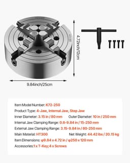 image-VEVOR 4-Jaw Lathe Chuck, 10 in (250 mm), Lathe Chuck, 0.6-9.84 in (15-250 mm) Clamping Range with T-key Fixing Screws Reversible Jaws, HT300 Cast Iron Material, Internal External for Wood Metal Lathe