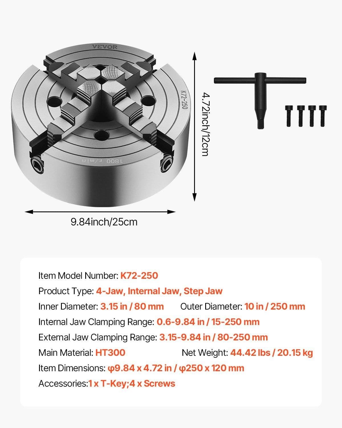 image-VEVOR 4-Jaw Lathe Chuck, 10 in (250 mm), Lathe Chuck, 0.6-9.84 in (15-250 mm) Clamping Range with T-key Fixing Screws Reversible Jaws, HT300 Cast Iron Material, Internal External for Wood Metal Lathe