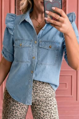 image-Myosotis Ruffle Detail Short Puff Sleeve Button Down Flap Pocket Denim Shirt