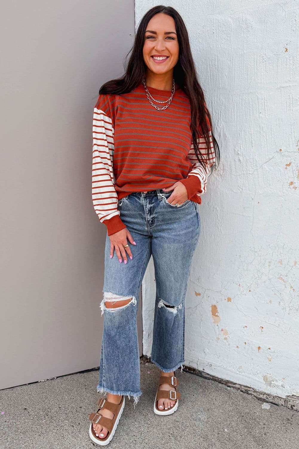 image-Orange Stripe Contrast Sleeve Patchwork Sweatshirt