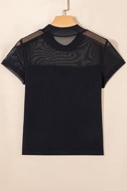 image-Black Sheer Mesh Patchwork Cap Sleeve T Shirt
