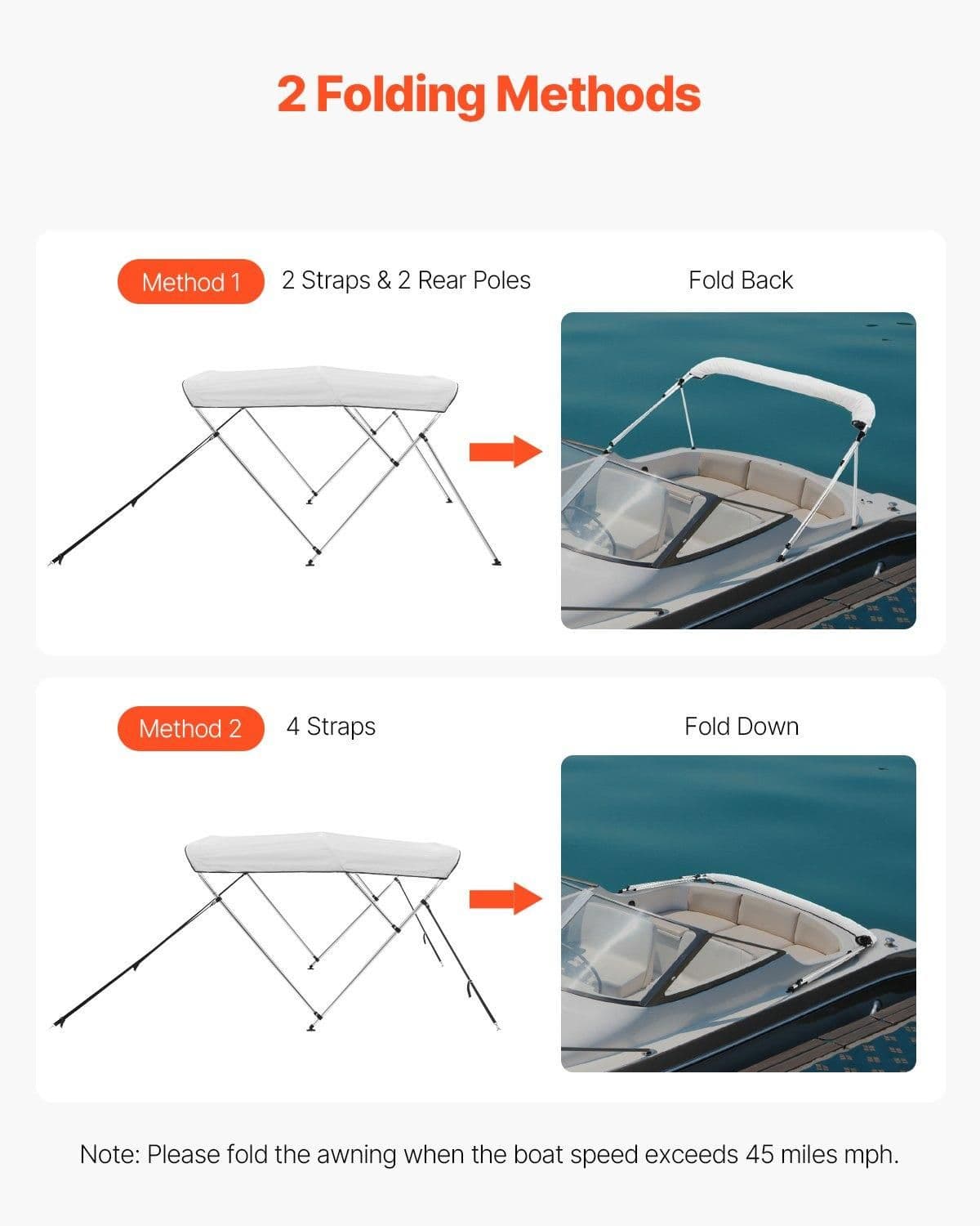 image-VEVOR 3 Bow Boat Bimini Tops, 600D Polyester Canopy with Aluminum Alloy Frame, Waterproof & Sun Shade Boat Awning Canopy with Storage Bag, 2 Support Poles, 4 Straps, 72"Lx(73"-78")Wx46"H, Light Grey