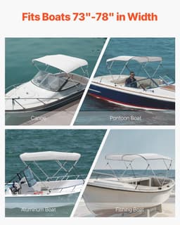 image-VEVOR 3 Bow Boat Bimini Tops, 600D Polyester Canopy with Aluminum Alloy Frame, Waterproof & Sun Shade Boat Awning Canopy with Storage Bag, 2 Support Poles, 4 Straps, 72"Lx(73"-78")Wx46"H, Light Grey