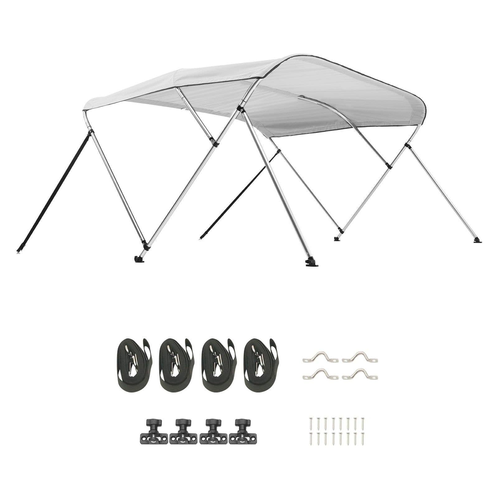 image-VEVOR 3 Bow Boat Bimini Tops, 600D Polyester Canopy with Aluminum Alloy Frame, Waterproof & Sun Shade Boat Awning Canopy with Storage Bag, 2 Support Poles, 4 Straps, 72"Lx(73"-78")Wx46"H, Light Grey