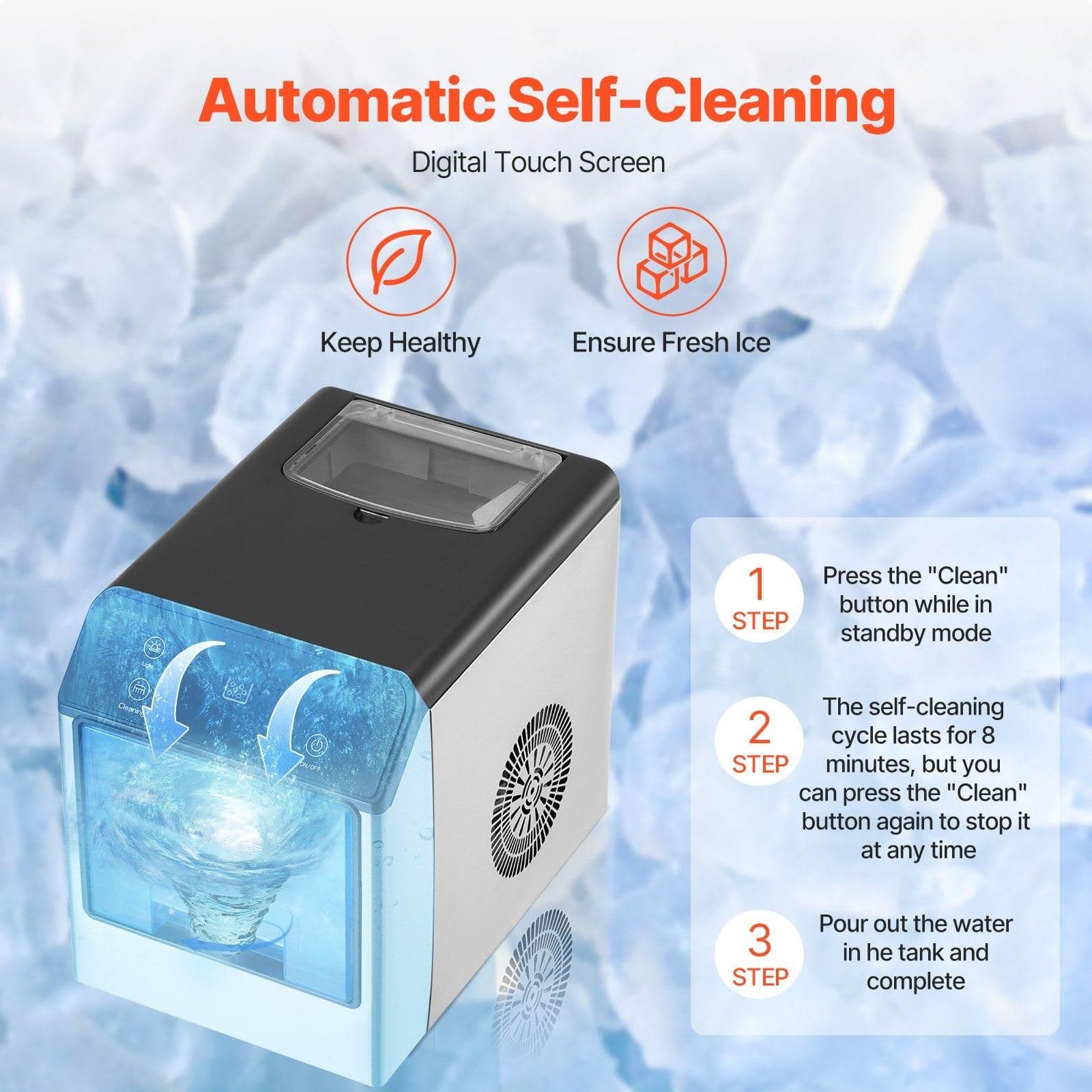 image-VEVOR Nugget Ice Maker, 33lbs/24H Pebble Ice Maker with Self Cleaning, Chewable Ice Maker with Ice Scoop & Drip Tray, Stainless Steel Ice Machine with Convenient Ice Transfer for Home Kitchen Office