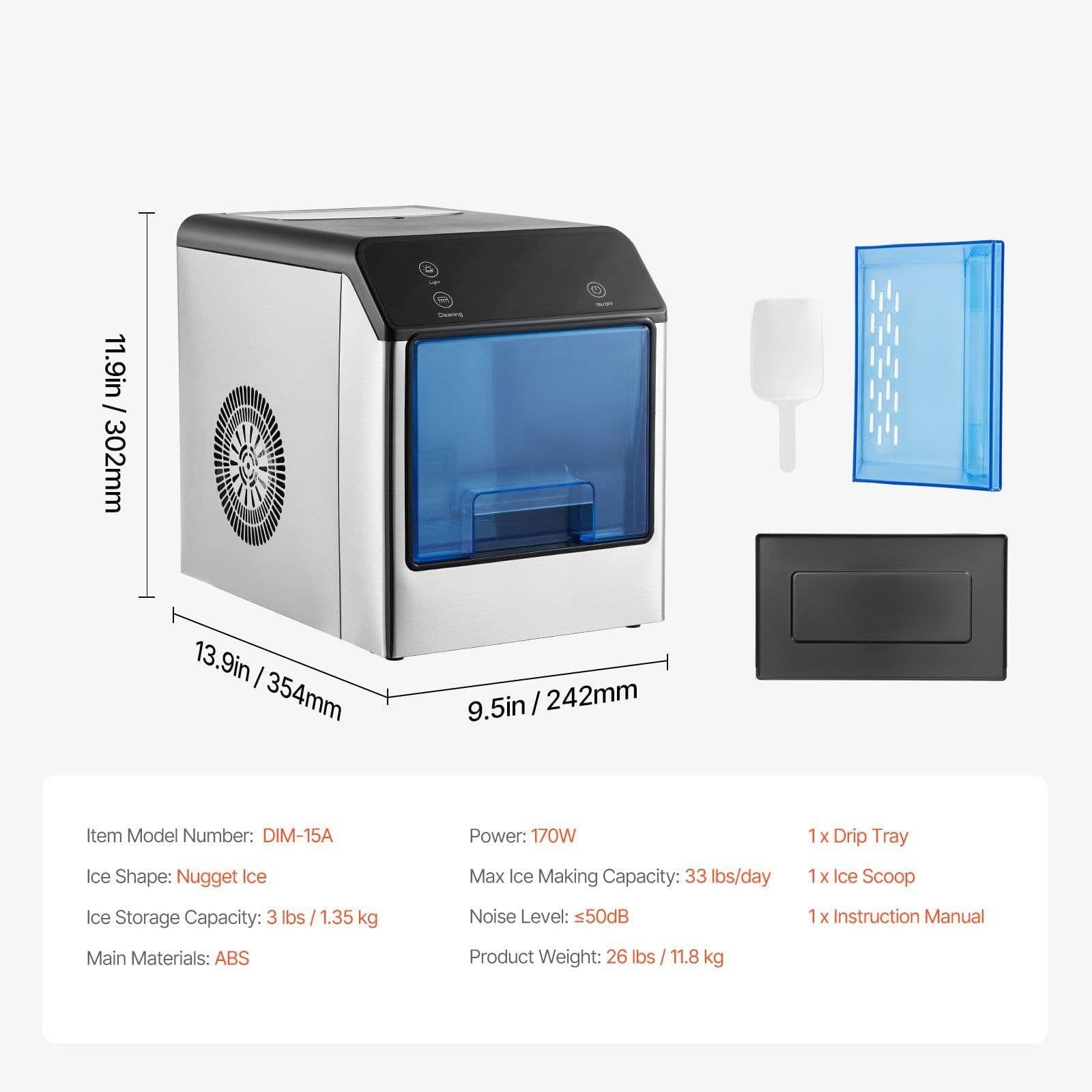 image-VEVOR Nugget Ice Maker, 33lbs/24H Pebble Ice Maker with Self Cleaning, Chewable Ice Maker with Ice Scoop & Drip Tray, Stainless Steel Ice Machine with Convenient Ice Transfer for Home Kitchen Office
