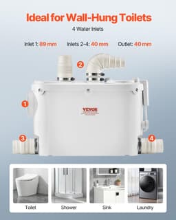 image-VEVOR Macerator Pump 500W - 29 GPM Upflush Toilet Pump 4 Inlets