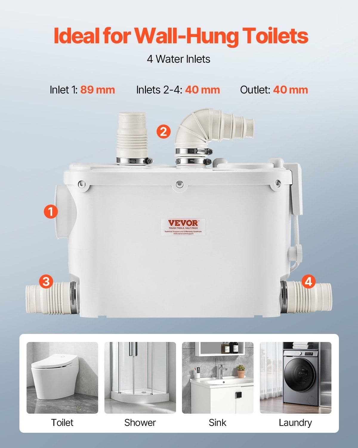 image-VEVOR Macerator Pump 500W - 29 GPM Upflush Toilet Pump 4 Inlets